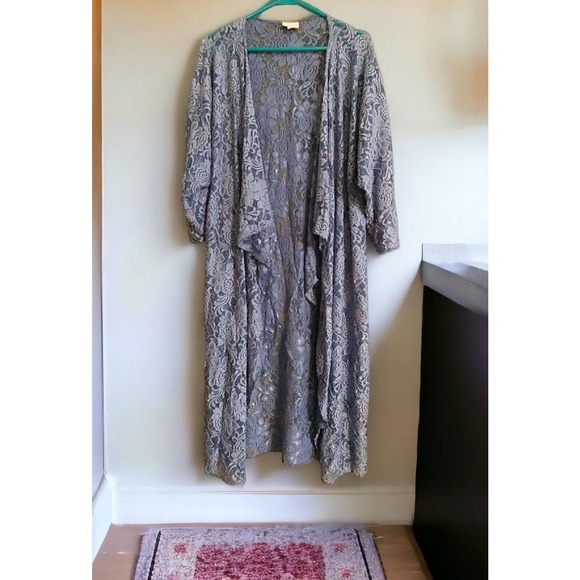 LuLaRoe Tops - Floral Lace Kimono Size Large Blue Lacy Duster Open Front Topper Cardigan Layer